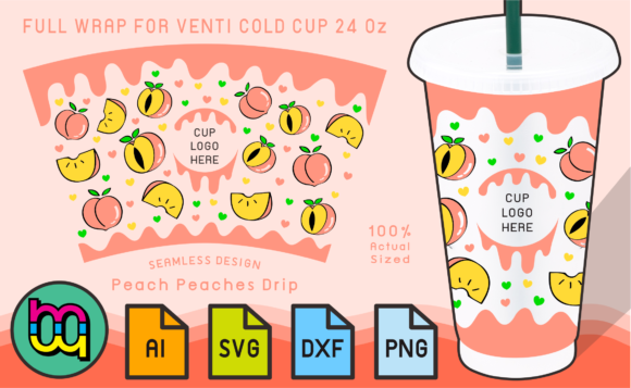 24oz Venti Cold Cup Fullwrap Peach Drip