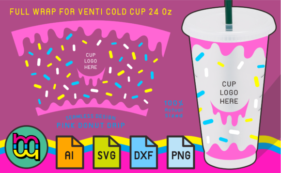 24oz Venti Cold Cup Fullwrap Pink Donut